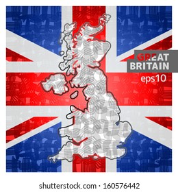 Stylized map of United Kingdom (Great Britain) with flag in the background - vector illustration 