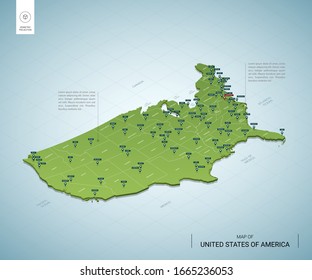 Stylized map of United States of America. Isometric 3D green map with cities, borders, capital Washington, regions. Vector illustration. Editable layers clearly labeled. English language.
