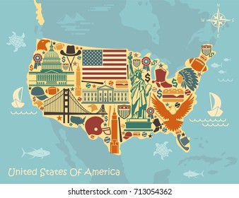 Stylized map of the United States with American symbols