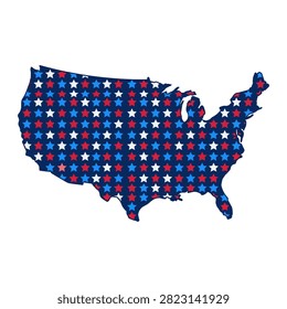 A stylized map of the United States filled with a repeating pattern of red, white, and blue stars on a dark blue background.