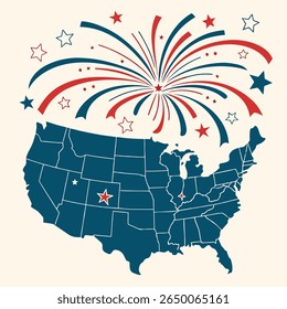 A stylized map of the United States with red and blue fireworks and stars, evoking patriotic themes.