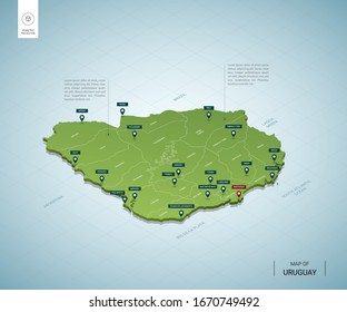 Mapa estilizado de Uruguay. Mapa verde isométrico 3D con ciudades, fronteras, capital Montevideo, regiones. Ilustración vectorial. Las capas editables están claramente etiquetadas. Inglés.