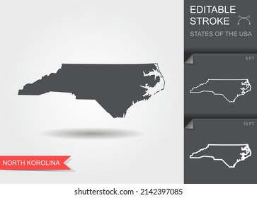 Stylized map of the U.S. state of North Carolinavector illustration. Silhouette and outline witth editable stroke