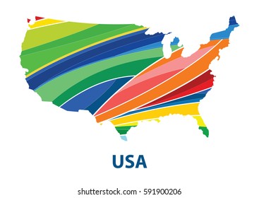 Stylized map of usa with abstract color stripes. vector illustration.