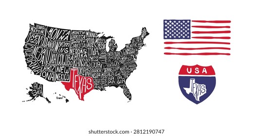 A stylized map of the USA with all states named, featuring Texas in a distinct red color, alongside an American flag and a Texas highway sign