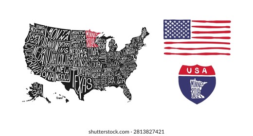 A stylized map of the USA with all states labeled in a unique font, alongside the American flag and a highway sign