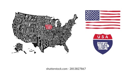 A stylized map of the USA with state names written inside each state, featuring Iowa in red, alongside a US flag and a highway sign for Iowa