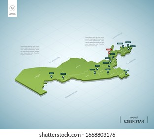 Stylized map of Uzbekistan. Isometric 3D green map with cities, borders, capital Tashkent, regions. Vector illustration. Editable layers clearly labeled. English language.