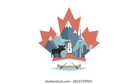 Stylized maple leaf shape featuring a montage of Canadian symbols including a moose, lighthouse, mountains, and skyscraper.