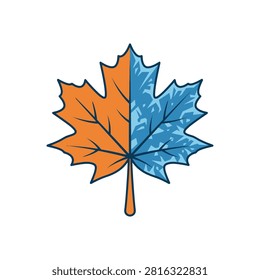 A stylized maple leaf showing the contrast between autumn orange and frozen winter blue.