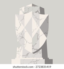 Uma escultura de mármore estilizado que se assemelha a um escudo com um padrão geométrico em forma de diamante, projetando uma sombra distinta.