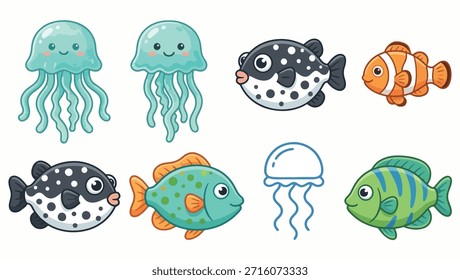 Conjunto de Vector de animales marinos estilizados con Elementos de onda azul y verde azulado. Vector de animales marinos e ilustración de animales marinos. ilustración de peces de Vector de delfines. ilustración de ballena de Vector orca.