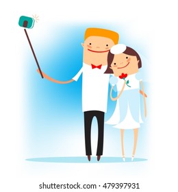 Stylized married couple taking selfie isolated on blue background. Flat design. Selfie stick vector.