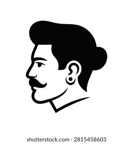 A stylized masculine side profile icon featuring a man with a mustache and an earring representing modernday barbershops