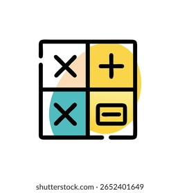 Stylized math symbols graphic in colorful squares on a black backdrop. Simple icon design with clean shapes and smooth gradients.