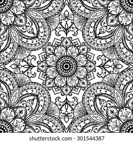 Stylized, medieval, floral ornament. Vector, oriental seamless pattern. Sketch for fabric printed cloth. Detailed tracery of black elegant lines on a white background.