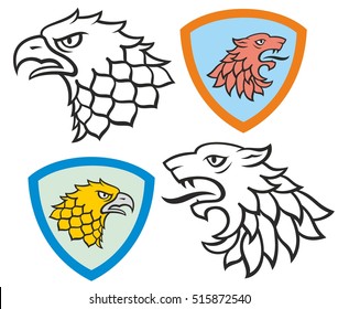 Stylized medieval heraldic signs (eagle and lion heads)