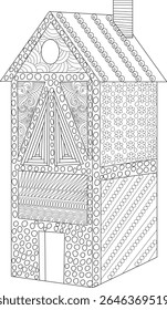 Stylized Medieval House Line Art with Intricate Patterns for Coloring Books and Decorative Use