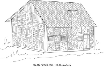 Stylized Medieval House with Ornate Patterns - Line Art Outline for Coloring Books, Adult Relaxing Activity, or Architectural Design Inspiration. Detailed Drawing of a Traditional Old Building.