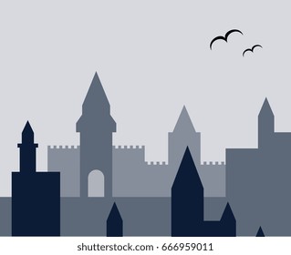 Stylized medieval town. Beautiful vector card.