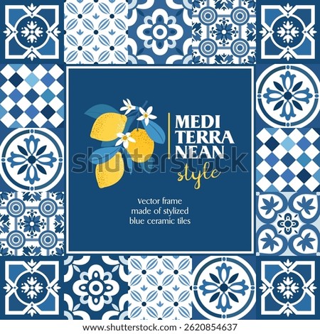 Stylized Mediterranean blue tiles set in a frame. Mediterranean tile pattern on a square frame. Illustrated vector clipart. Hand draw no ai.