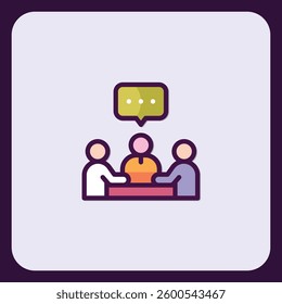 Stylized meeting icon with simple figures and dialog cloud above heads
