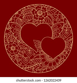 Stylized for mehndi flower colored pattern in form of heart. Decoration in ethnic oriental, Indian style. Valentine's day greetings.