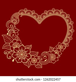 Stylized for mehndi flower colored pattern in form of heart. Decoration in ethnic oriental, Indian style. Valentine's day greetings.