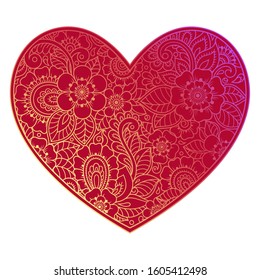 Stylized for mehndi flower colored pattern in form of heart. Decoration in ethnic oriental, Indian style. Valentine's day greetings.