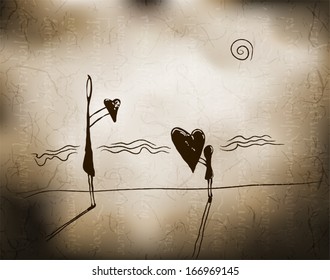 stylized men with hearts in hands conceptual vintage postcard in retro colors vector