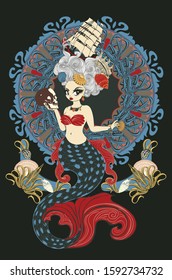 Stylized Mermaid With Rococo Hairstyle And Art Nouveau Frame, Retro Background.