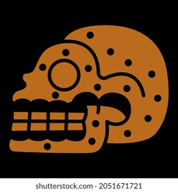 Stylized merry human skull. Halloween design. Native American art of Aztec Indians from Mexican codex. Spooky funny death symbol. Isolated black and orange silhouette.