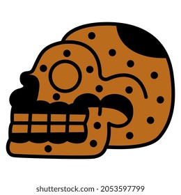 Stylized merry human skull. Halloween design. Native American art of Aztec Indians from Mexican codex. Spooky funny death symbol. Isolated black and orange silhouette on white background.