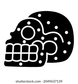 Stylized merry human skull. Native American art of Aztec Indians from Mexican codex. Isolated vector illustration. Spooky funny death symbol. Black and white negative silhouette.