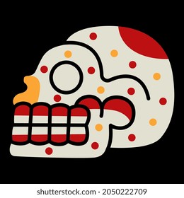 Stylized merry human skull. Native American art of Aztec Indians from Mexican codex. Isolated vector illustration. Spooky funny death symbol. On black background.