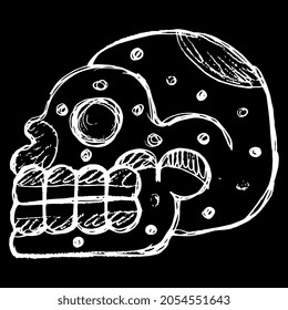 Stylized merry human skull. Native American art of Aztec Indians from Mexican codex. Spooky funny death symbol. Halloween design. Hand drawn doodle rough sketch. White silhouette on black background.