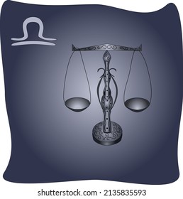 Stylized metal figure of Libra and symbol of the zodiac sign Libra on a blue and white gradient background