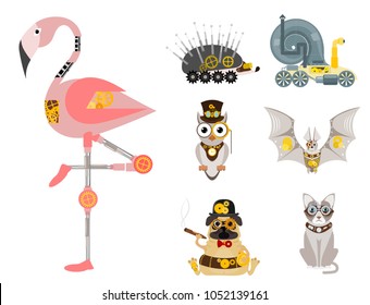 Stylized metal steampunk mechanic robots animals machine steam gear insect punk art machinery vector illustration.