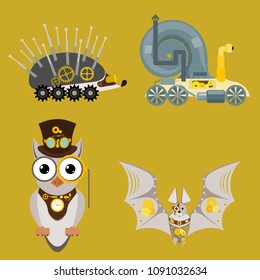 Stylized metal steampunk mechanic robots animals machine steam gear insect punk art machinery vector illustration.