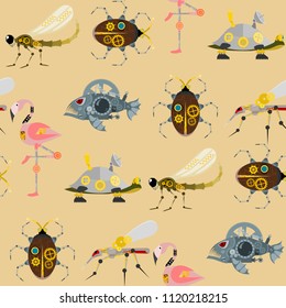 Stylized metal steampunk mechanic robots animals machine steam gear insect punk art machinery seamless pattern background vector illustration.