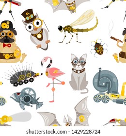 Stylized metal steampunk mechanic robots animals machine steam gear insect punk art machinery vector illustration.