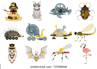 Stylized metal steampunk mechanic robots animals machine steam gear insect punk art machinery vector illustration.