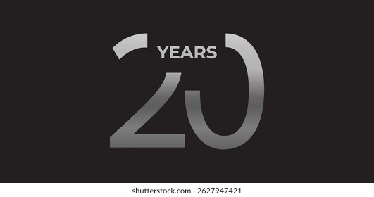 Logotipo estilizado metálico 20 anos, números geométricos cortados, transmite força, crescimento, prestígio. Visual comemorativo para marcas de 20 anos, eventos, banners digitais. Ilustração vetorial