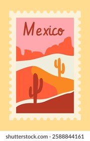 A stylized Mexican postage stamp featuring a desert landscape with cacti, rolling dunes, and mountains in warm earthy tones on a light background. Travel concept. Vector illustration