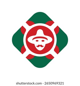 Stylized Mexican Revolution Emblem with Sombrero Mustache Green Red Diamond Shape on