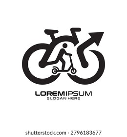 A stylized micro mobility logo featuring a minimalist person riding a scooter integrated with a dynamic arrow symbol, representing speed, efficiency, and modern urban transportation in a clean, professional black and white vector design suitable for tech startups, delivery services, or transportation apps focusing on eco-friendly city travel solutions.