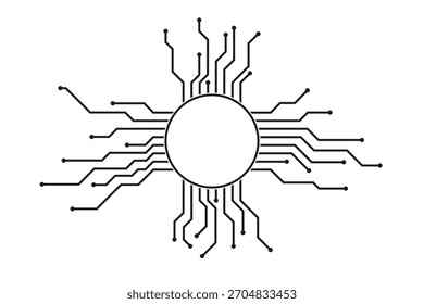 Stylized microchip with radial circuit lines and contact points, symbolizing digital connectivity and modern electronic technology.
