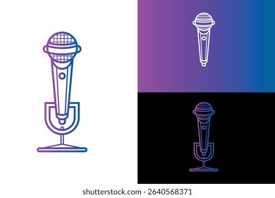 Stylized microphone icon in gradient line art. The microphone features a mesh head and elongated body with a button. Presented in three color schemes: blue to magenta on white, white on a magenta.