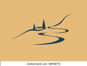 stylized middle european vector landscape in the mountains with a house and winding road