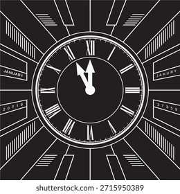 Reloj de medianoche estilizado con números romanos, con un motivo geométrico de calendario para la celebración de año nuevo.
